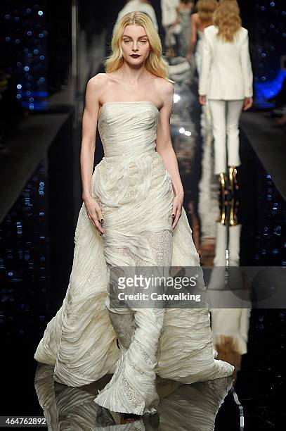 Model walks the runway at the Ermanno Scervino Autumn Winter 2015 fashion show during Milan Fashion Week on February 28, 2015 in Milan, Italy.