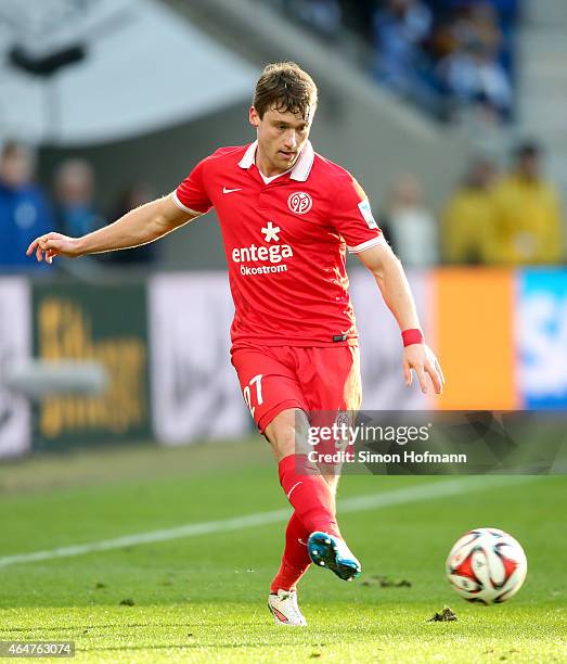 Christian Clemens of Mainz controls the ball during the Bundesliga match between 1899 Hoffenheim and 1. FSV Mainz 05 at Wirsol Rhein-Neckar-Arena on...