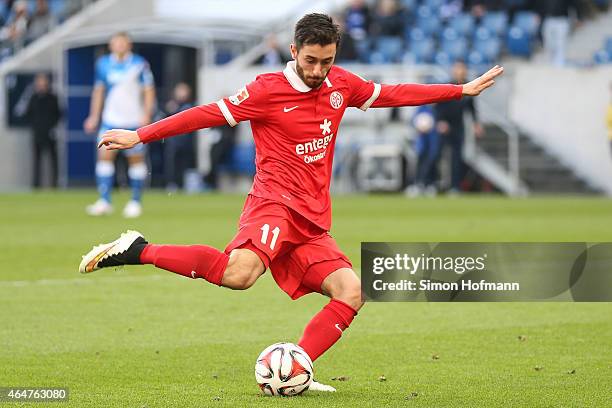 Yunus Malli of Mainz controls the ball during the Bundesliga match between 1899 Hoffenheim and 1. FSV Mainz 05 at Wirsol Rhein-Neckar-Arena on...