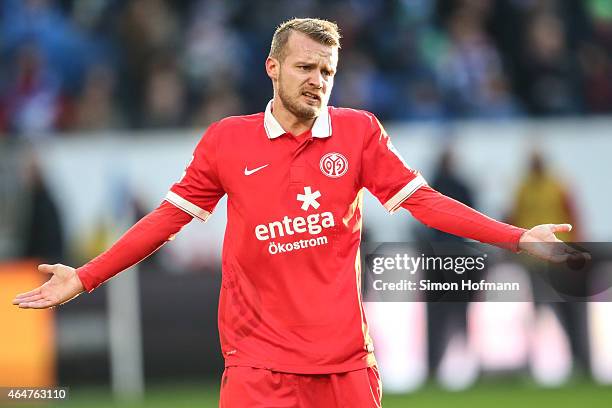 Daniel Brosinski of Mainz reacts during the Bundesliga match between 1899 Hoffenheim and 1. FSV Mainz 05 at Wirsol Rhein-Neckar-Arena on February 28,...