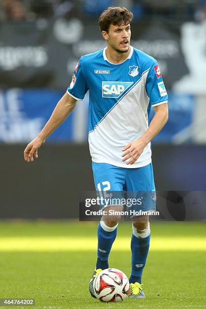 Tobias Strobl of Hoffenheim controls the ball during the Bundesliga match between 1899 Hoffenheim and 1. FSV Mainz 05 at Wirsol Rhein-Neckar-Arena on...