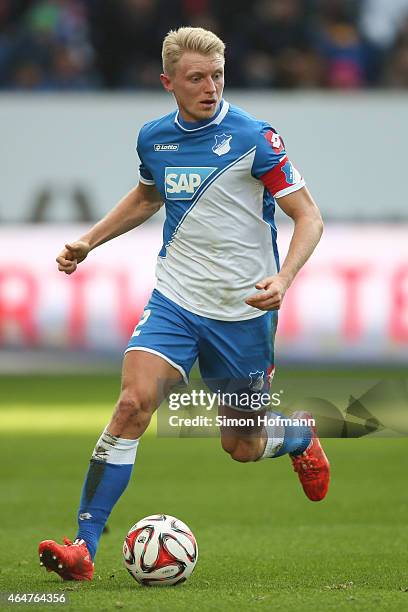 Andreas Beck of Hoffenheim controls the ball during the Bundesliga match between 1899 Hoffenheim and 1. FSV Mainz 05 at Wirsol Rhein-Neckar-Arena on...