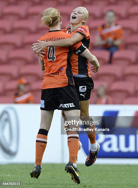 Tameka Butt of the Roar celebrates with Clare Polkinghorne after scoring a goal during the round 10 W-League match between the Brisbane Roar and the...