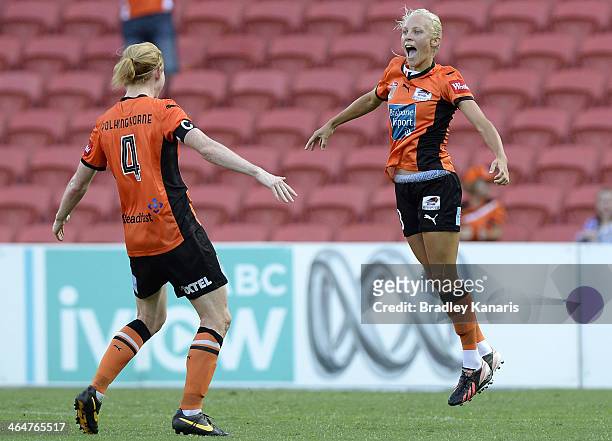 Tameka Butt of the Roar celebrates with Clare Polkinghorne after scoring a goal during the round 10 W-League match between the Brisbane Roar and the...