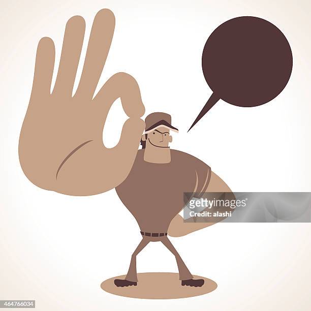 illustrazioni stock, clip art, cartoni animati e icone di tendenza di sorridente baseball con grande mano, gesti ok gesto con la mano - zero