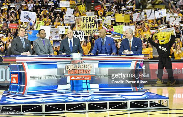 The ESPN Gameday cast Rece Davis, Stephen A. Smith, Seth Greenberg, Jay Williams and Jay Bilas address the Wichita State crowd prior to the game...