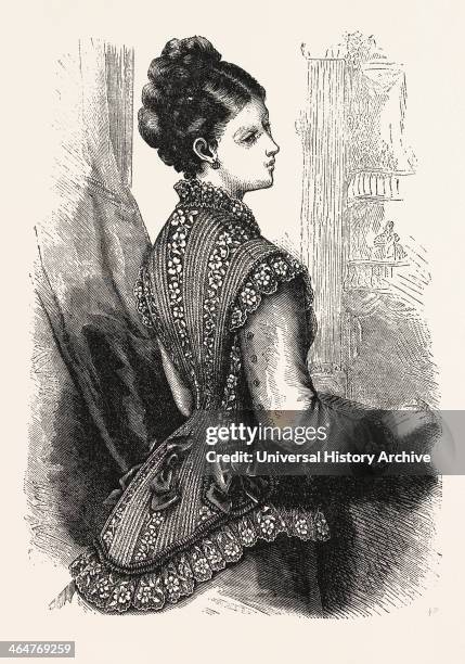 Fashion, Net Insertion And Lace Sleeveless Jacket, Engraving 1876, UK, Britain, British, Europe, United Kingdom, Great Britain, European.