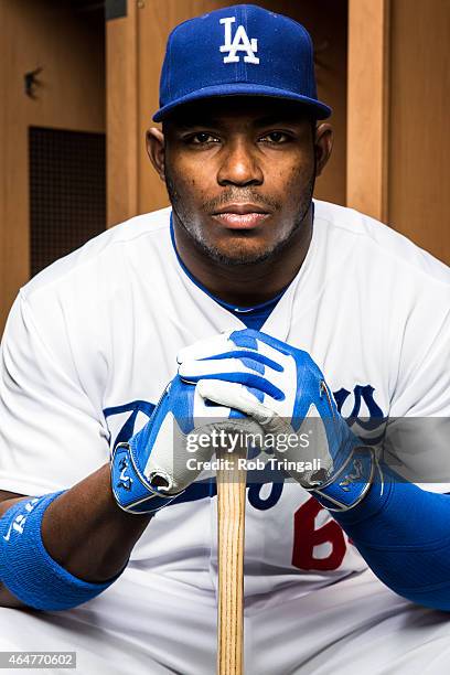 Yasiel Puig of the Los Angeles Dodgers poses for a portrait during spring training photo day at Camelback Ranch on February 28, 2015 in Glendale,...