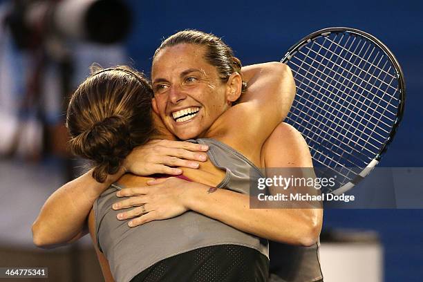 Sara Errani of Italy and Roberta Vinci of Italy celebrate winning Championship Point in their doubles final match against Elena Vesnina of Russia and...