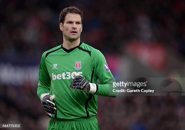 Asmir Begovic of Stoke City during the Barclays Premier League match between Stoke City and Hull City at Britannia Stadium on February 28, 2015 in...