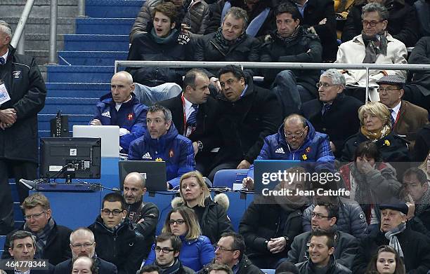 Assistant-coach of France Patrice Lagisquet, head coach of France Philippe Saint-Andre and Serge Blanco look on during the RBS Six Nations rugby...