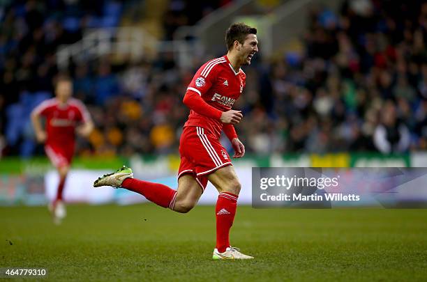 Gary Gardner of Nottingham Forest celebrates scoring the third goal during the Sky Bet Championship match between Reading and Nottingham Forest at...