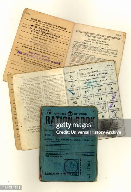 British ration books from 1941 and 1948. Rationing lasted for 14 years from 1940 until 1954, far longer than World War II itself