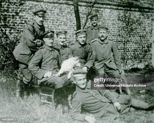 Adolf Hitler, seated on the right, with fellow German soldiers during World War I