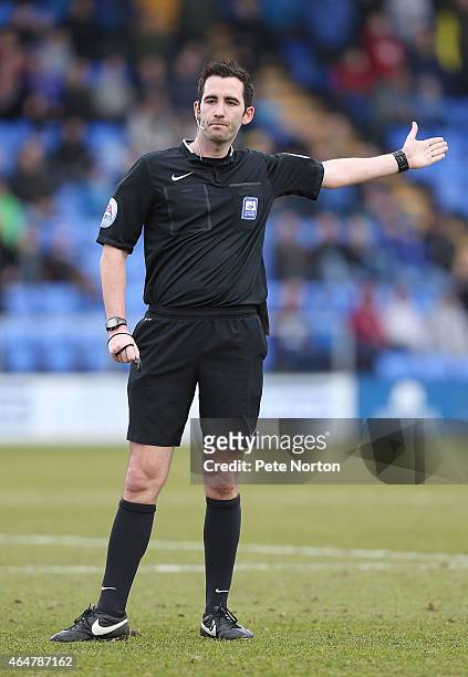 Referee Christopher Kavanagh in action during the Sky Bet League Two match between Shrewsbury Town and Northampton Town at Greenhous Meadow on...