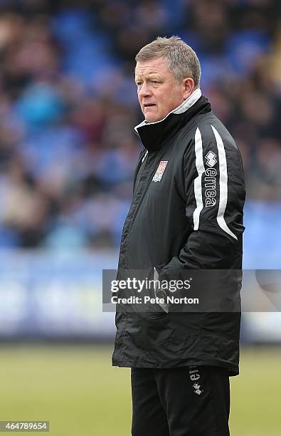 Northampton Town manager Chris Wilder looks on during the Sky Bet League Two match between Shrewsbury Town and Northampton Town at Greenhous Meadow...