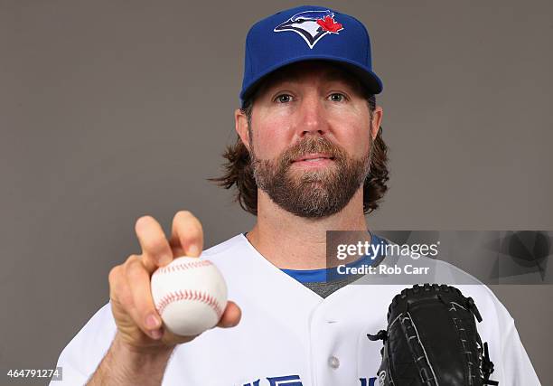 Pitcher R.A. Dickey of the Toronto Blue Jays poses on photo day on February 28, 2015 in Dunedin, Florida.