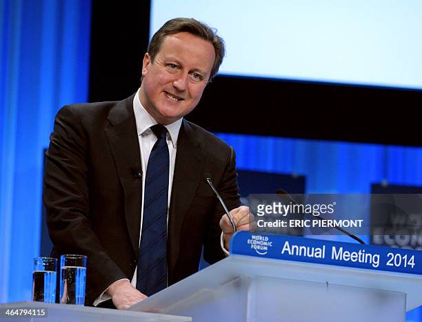 British Prime Minister David Cameron talks during his special address to The World Economic Forum in Davos on January 24, 2014. Some 40 world leaders...
