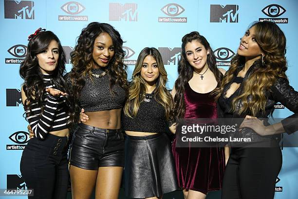 Singers Camila Cabello, Normani Koredi of Fifth Harmony, Ally Brooke, Lauren Jauregui and Dinah Jane Hansen of Fifth Harmony pose backstage at MTV...
