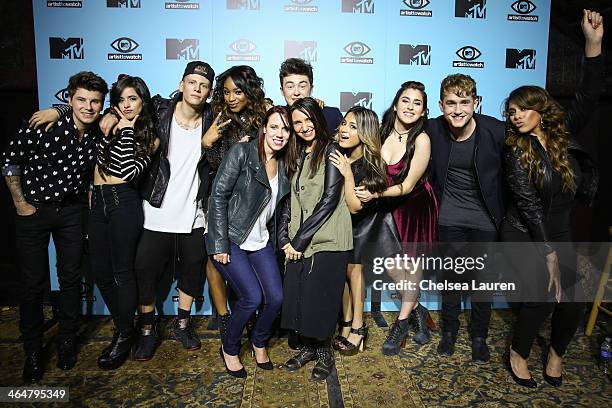 Guitarist Charley Bagnell of Rixton, singer Camila Cabello of Fifth Harmony, drummer Lewi Morgan of Rixton, singer Normani Koredi of Fifth Harmony,...