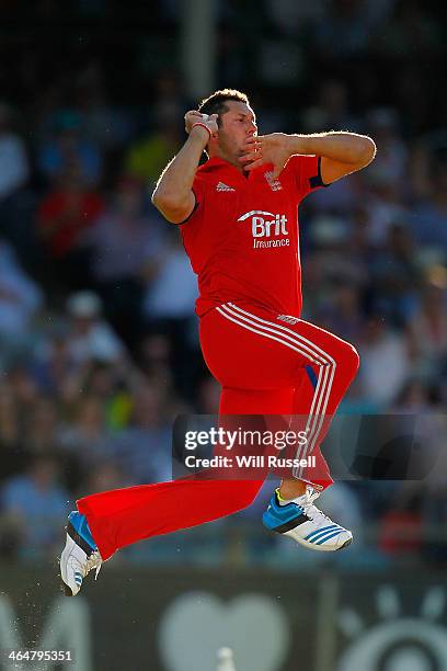 Tim Bresnan of England bowls during game four of the One Day International series between Australia and England at WACA on January 24, 2014 in Perth,...