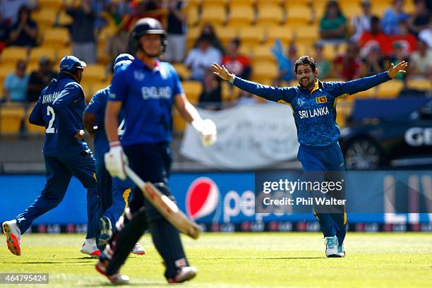 Tillakaratne Dilshan of Sri Lanka celebrates his wicket of Gary Ballance of England during the 2015 ICC Cricket World Cup match between England and...