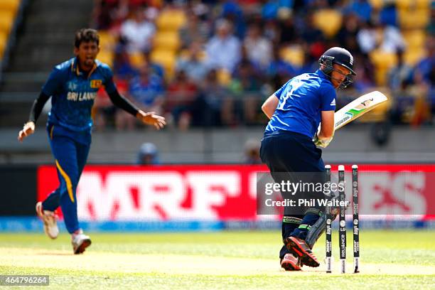 Ian Bell of England is bowled by Suranga Lakmal of Sri Lanka during the 2015 ICC Cricket World Cup match between England and Sri Lanka at Wellington...