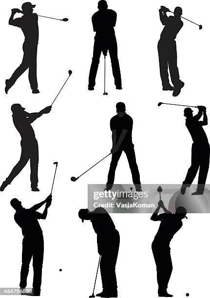 ilustraciones, imágenes clip art, dibujos animados e iconos de stock de conjunto de siluetas de golf - swing de golf