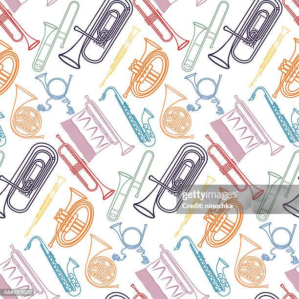 ilustraciones, imágenes clip art, dibujos animados e iconos de stock de patrón de latón - trompeta