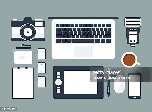 workspace for photographer - ipad on table stock illustrations