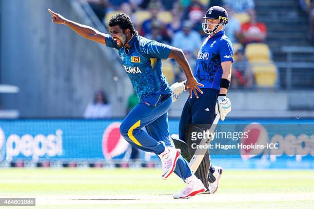 Thisara Perera of Sri Lanka celebrates after taking the wicket of Eoin Morgan while Joe Root of England looks on during the 2015 ICC Cricket World...