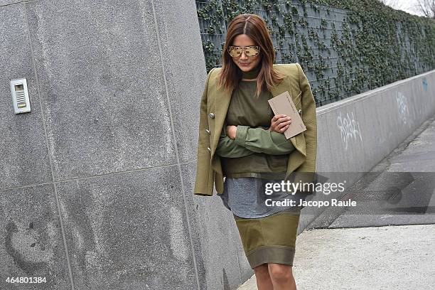 Christine Centenera arrives the Bottega Veneta show during the Milan Fashion Week Autumn/Winter 2015 on February 28, 2015 in Milan, Italy.