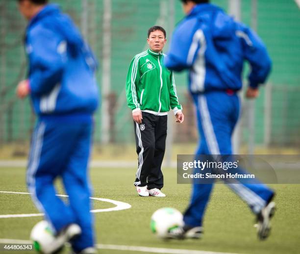 Headcoach Moon looks on during a Sobaeksu Sports Club Training Session on January 24, 2014 in Frankfurt am Main, Germany.