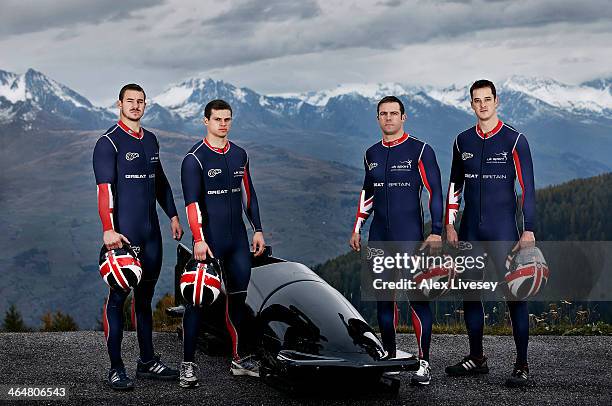 Bruce Tasker, Craig Pickering, John Jackson and Stuart Benson of the Great Britain GBR1 bobsleigh team pose for a group portrait on October 20, 2013...