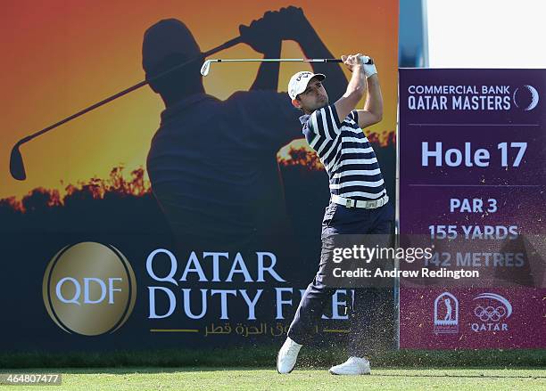 Fabrizio Zanotti of Paraguay hits his tee-shot on the 17th hole during the third round of the Commercial Bank Qatar Masters at Doha Golf Club on...