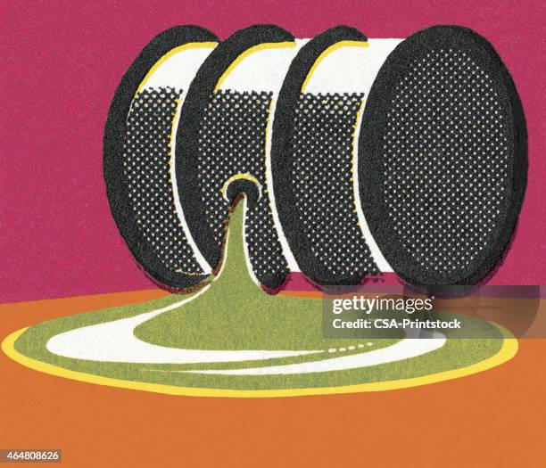 leaking oil barrel - puddle stock illustrations