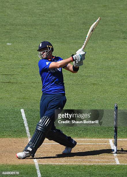Joe Root of England plays a shot during the 2015 ICC Cricket World Cup match between England and Sri Lanka at Wellington Regional Stadium on March 1,...