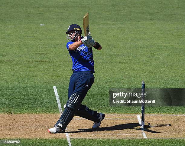 Joe Root of England plays a shot during the 2015 ICC Cricket World Cup match between England and Sri Lanka at Wellington Regional Stadium on March 1,...