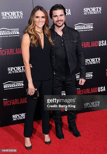 Singer Juanes and wife Karen Martinez arrive at the world premiere of 'McFarland, USA' at the El Capitan Theatre on February 9, 2015 in Hollywood,...