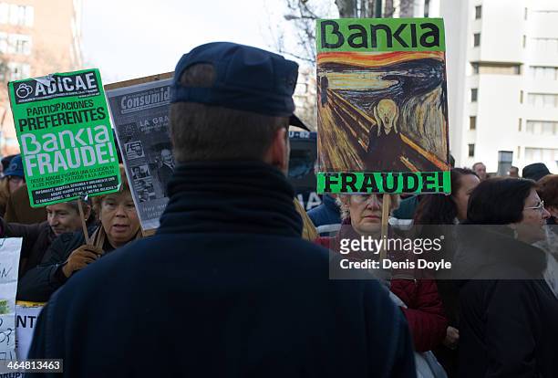 Bankia preferential shareholders protest at a Madrid court where ex-Bankia president Miguel Blesa was giving evidence relating to the collapse of the...