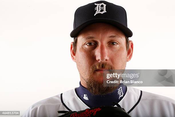 Joel Hanrahan of the Detroit Tigers poses for a photo during the Tigers' photo day on February 28, 2015 at Joker Marchant Stadium in Lakeland,...