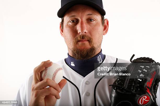 Joel Hanrahan of the Detroit Tigers poses for a photo during the Tigers' photo day on February 28, 2015 at Joker Marchant Stadium in Lakeland,...