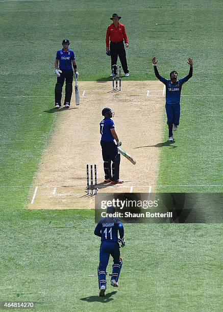 Ian Bell of England loses his wicket to Suranga Lakmal of Sri Lanka during the 2015 ICC Cricket World Cup match between England and Sri Lanka at...