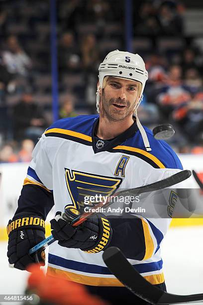 Barret Jackman of the St. Louis Blues warms up prior to the game against the Edmonton Oilers on February 28, 2015 at Rexall Place in Edmonton,...