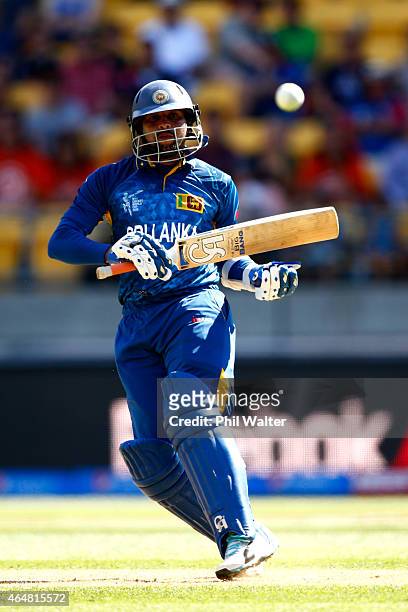 Tillakaratne Dilshan of Sri Lanka bats during the 2015 ICC Cricket World Cup match between England and Sri Lanka at Wellington Regional Stadium on...