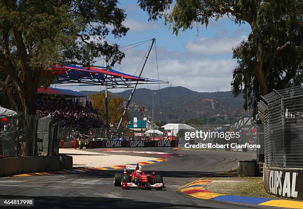 Jean-Eric Vergne drives the 2009 Ferrari F60 Formula One car ahead of race three for the V8 Supercars Clipsal 500 at Adelaide Street Circuit on March...