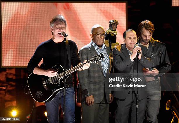 Jon Bon Jovi, Al Roker, Triumph the Insult Comic Dog, Gilbert Gottfried and Will Forte perform onstage at Comedy Central Night Of Too Many Stars at...