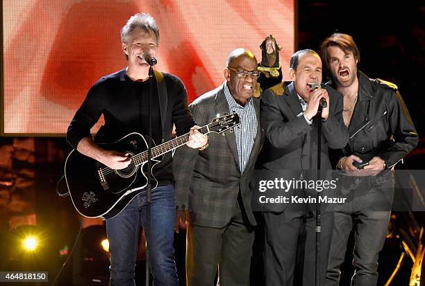 Jon Bon Jovi, Al Roker, Triumph the Insult Comic Dog, Gilbert Gottfried and Will Forte perform onstage at Comedy Central Night Of Too Many Stars at...