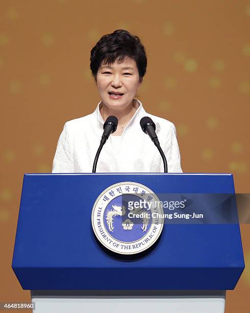 South Korean President Park Geun-Hye speaks during the 96th Independence Movement Day ceremony at Sejong Art Center on March 1, 2015 in Seoul, South...