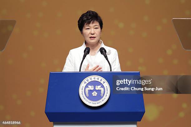 South Korean President Park Geun-Hye speaks during the 96th Independence Movement Day ceremony at Sejong Art Center on March 1, 2015 in Seoul, South...